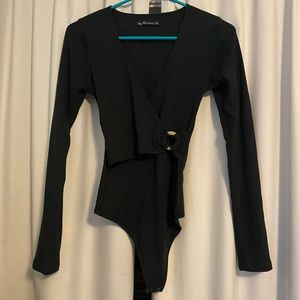 Wrap front ribbed long sleeve body suit
